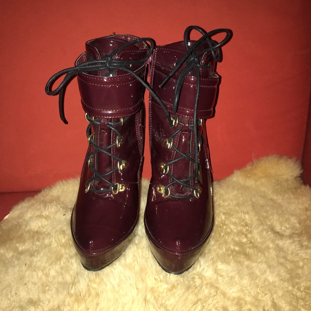 Burgundy Patent Leather Stiletto Boots
